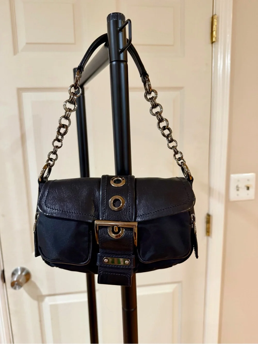 Rare Vintage PRADA Tessuto Nylon Leather Grommet Buckle Chain Shoulder Bag Y2K